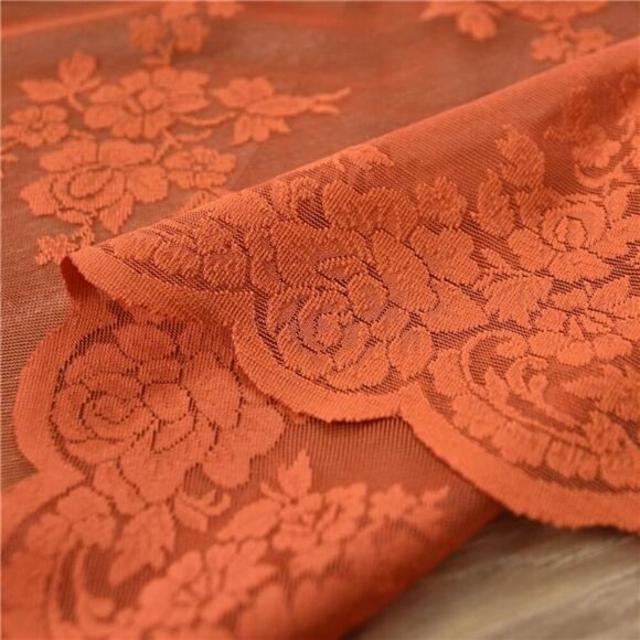Burnt Orange Sheer Curtains 63 Inch Length 2 Panels, Rustic Lace Floral Fall - Picture 7 of 8